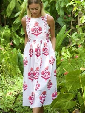 White Midi Dress with Pink Floral Embroidery - M